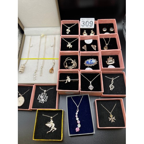 309 - Box silver 925 x 3x earrings, 3x brooches, 14x pendants, 1 bracelet, all boxed & chain