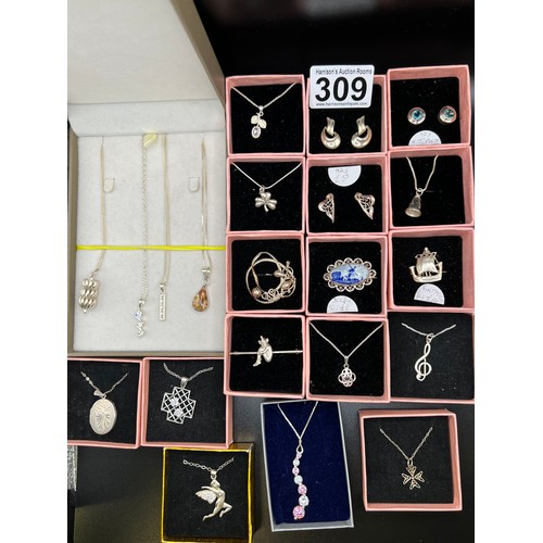 309 - Box silver 925 x 3x earrings, 3x brooches, 14x pendants, 1 bracelet, all boxed & chain