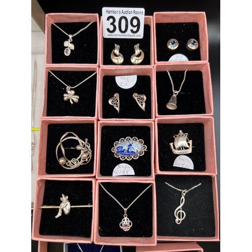 309 - Box silver 925 x 3x earrings, 3x brooches, 14x pendants, 1 bracelet, all boxed & chain