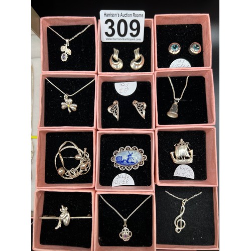 309 - Box silver 925 x 3x earrings, 3x brooches, 14x pendants, 1 bracelet, all boxed & chain