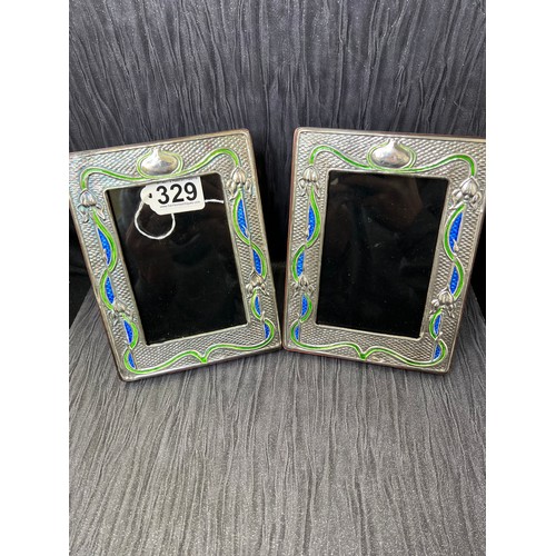 329 - Pair silver enamel nouveau photo frames