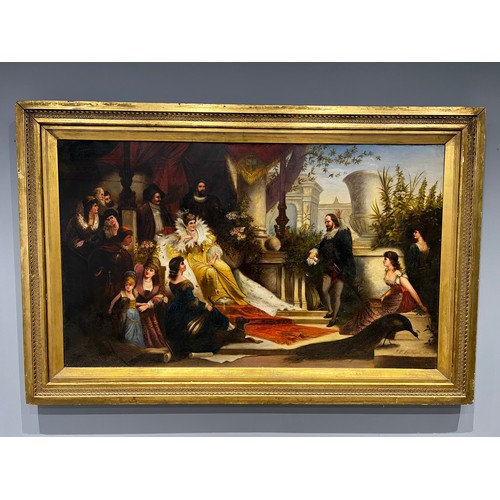 465A - Victorian oil on canvas by jack Leigh Wardleworth 'sir Watter Raleigh regaling queen Elizabeth with ... 