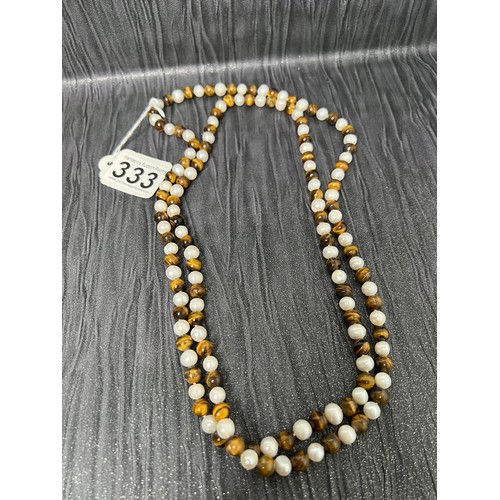 333 - String tigers eye & pearl necklace