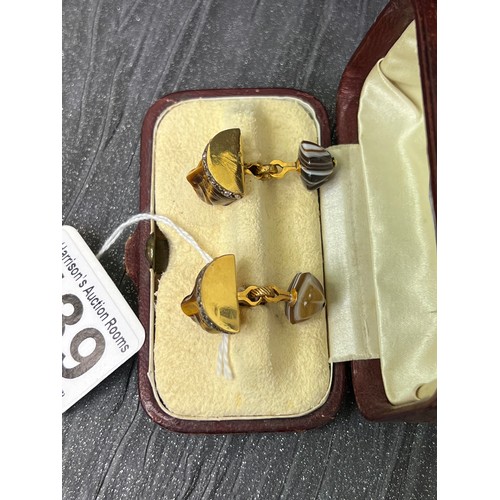 439 - Pair of 14ct gold Russian tiger eye cufflinks superb example