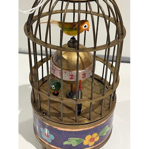 330A - Brass & enamel clock bird cage working both birds move when ticking away