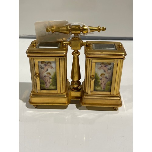 330C - Brass & enamel twin carriage clock and barometer