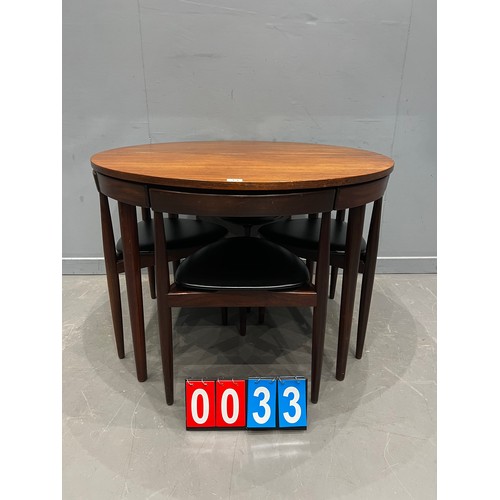 33 - Frem Rojle round danish teak table (some marks to top see pictures) + 4 tuck away chairs ( no leaf )