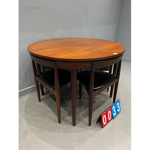 33 - Frem Rojle round danish teak table (some marks to top see pictures) + 4 tuck away chairs ( no leaf )