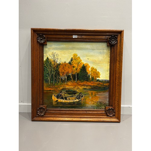 123 - Swedish mid century 'autumn hunt' painting in stunning oak frame