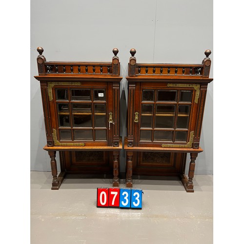 733 - 2 Victorian french his & hers carved cabinets with brass corner inserts