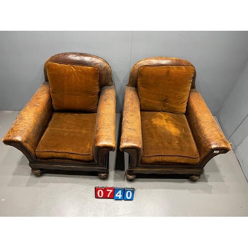 740 - Pair antique brown leather arm chairs A/F