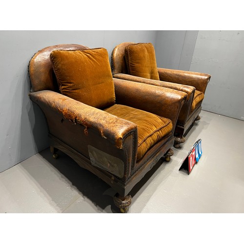 740 - Pair antique brown leather arm chairs A/F