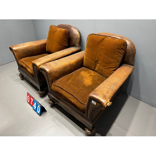 740 - Pair antique brown leather arm chairs A/F