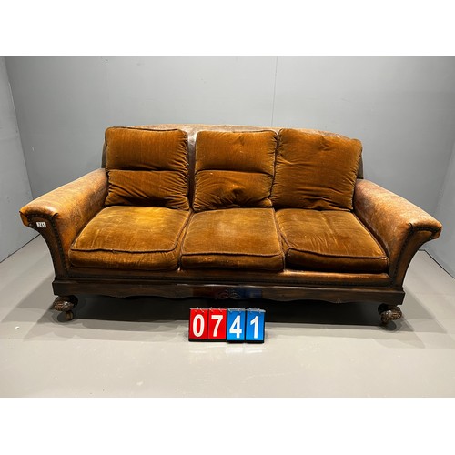 741 - Antique brown leather 3 seater sofa