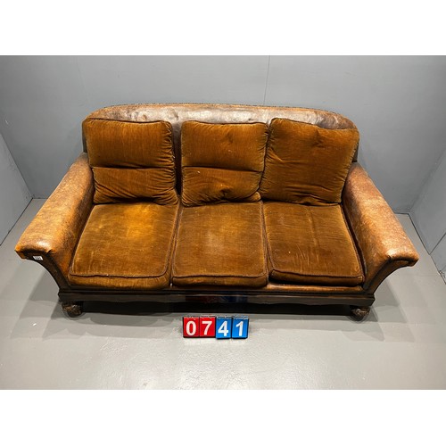 741 - Antique brown leather 3 seater sofa