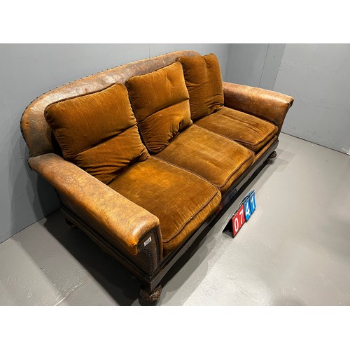 741 - Antique brown leather 3 seater sofa