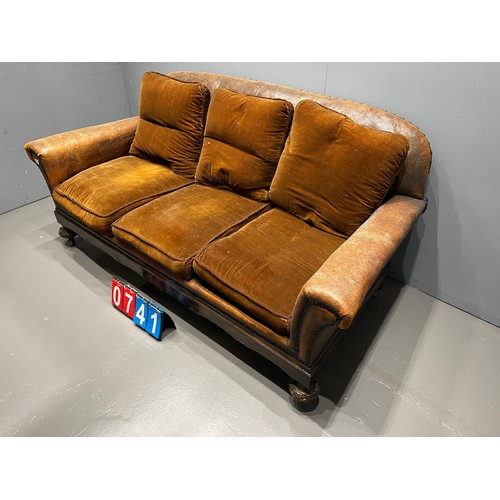 741 - Antique brown leather 3 seater sofa