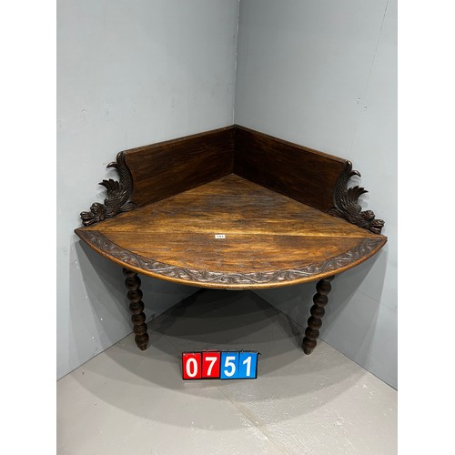 751 - Victorian carved continental drop leaf corner table with extender