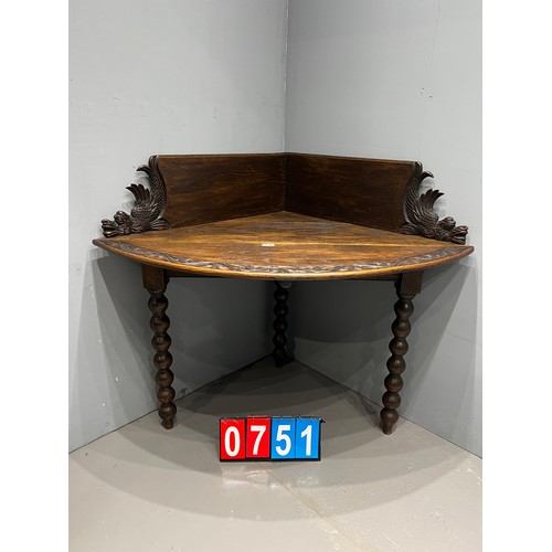 751 - Victorian carved continental drop leaf corner table with extender