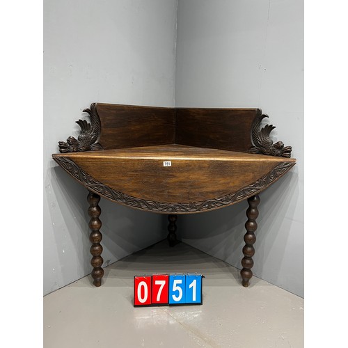 751 - Victorian carved continental drop leaf corner table with extender