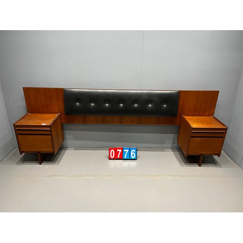 776 - Pair of mid century teak bedside cabinet + headboard