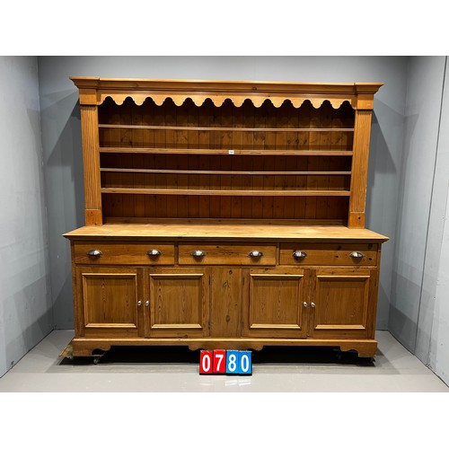 780 - Large country pine dresser & rack 86