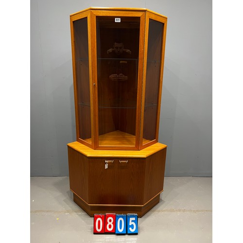 805 - Mid century teak glass fronted corner display cabinet