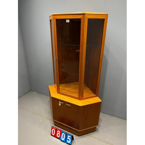 805 - Mid century teak glass fronted corner display cabinet