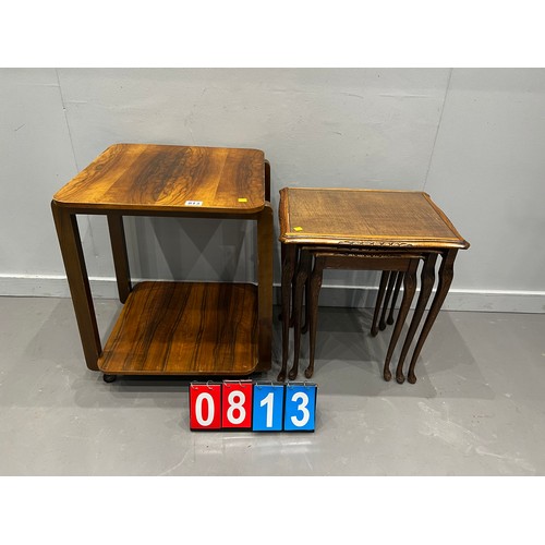 813 - Deco walnut table + nest of 3 tables