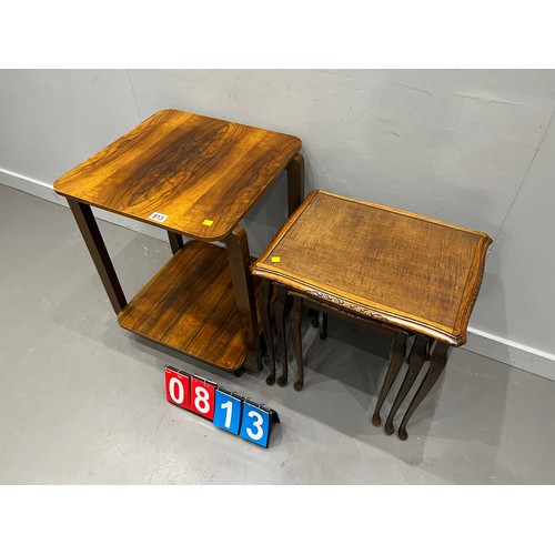 813 - Deco walnut table + nest of 3 tables