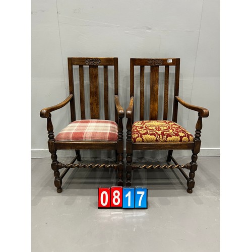 817 - Superb pair of oak barley twist carver chairs