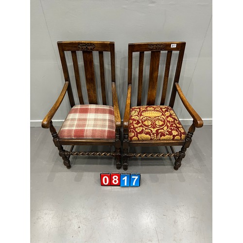 817 - Superb pair of oak barley twist carver chairs