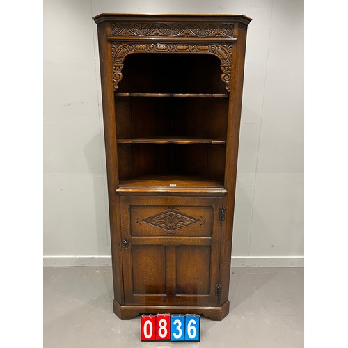 836 - Superb carved oak corner cabinet titchmarsh & goodwin?