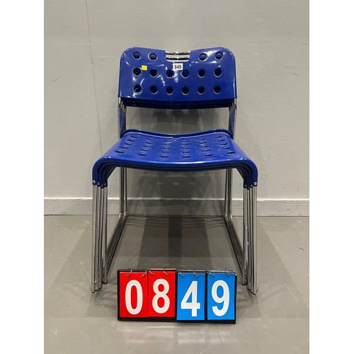 849 - 4 Blue & chrome industrial stacking chairs