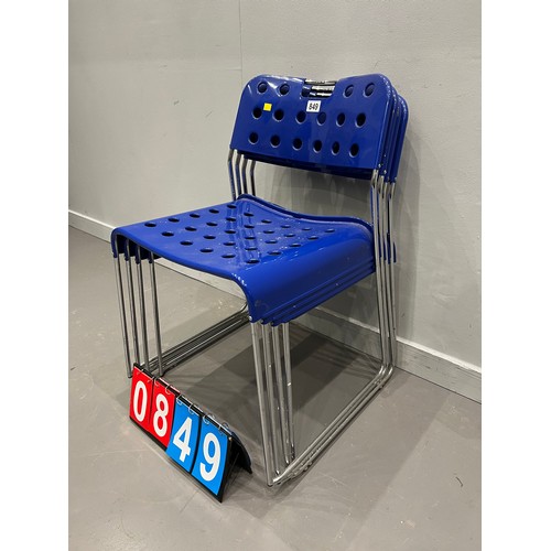 849 - 4 Blue & chrome industrial stacking chairs