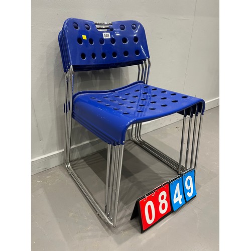 849 - 4 Blue & chrome industrial stacking chairs