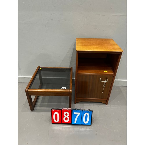 870 - Mid century glass top coffee table + bedside cabinet