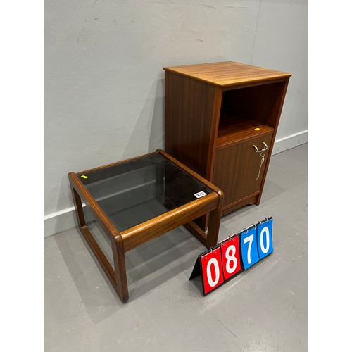 870 - Mid century glass top coffee table + bedside cabinet