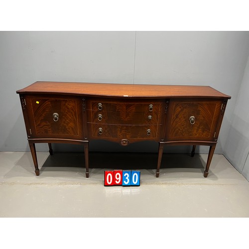 930 - Regency design inlaid mahogany sideboard with lion mounted handles