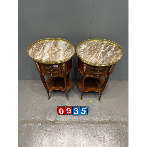 935 - Pair of french inlaid marble top night stands with gilt ormolu & gallery