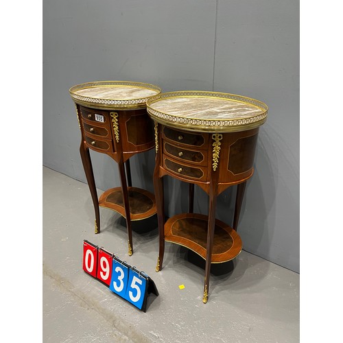 935 - Pair of french inlaid marble top night stands with gilt ormolu & gallery