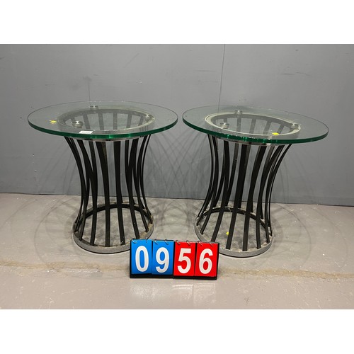 956 - Pair of metal glass topped side tables/garden tables good quality