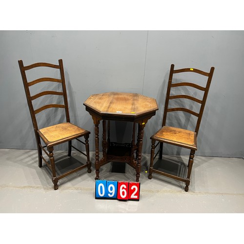 962 - Octagonal occasional table + 2 high back chairs