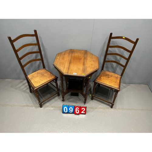 962 - Octagonal occasional table + 2 high back chairs