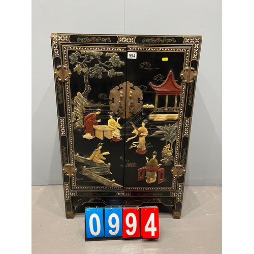 994 - Vintage oriental lacquered cabinet with temple depiction