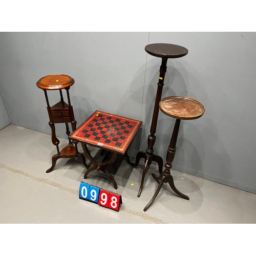 998 - Vintage leather top chess table + 3 plant stands