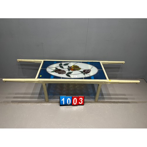 1003 - Industrial style adapted coffee table with stained glass top