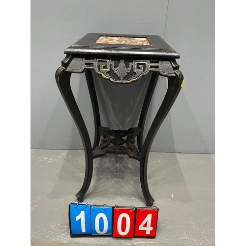 1004 - Oriental black lacquered plant stand with marble top