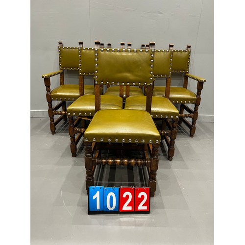 1022 - 6 Oak Gothic style leather dining chairs