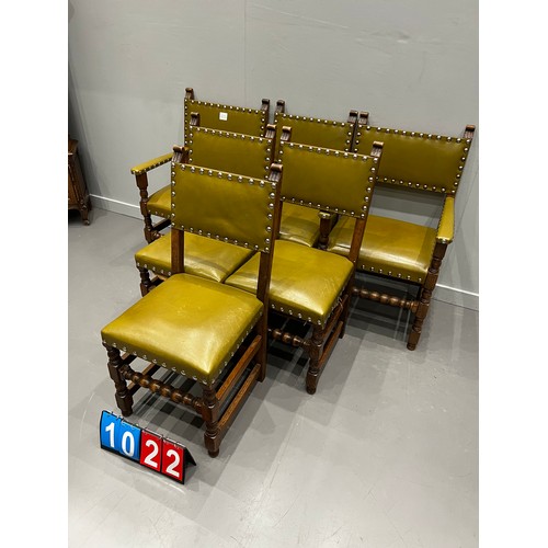 1022 - 6 Oak Gothic style leather dining chairs